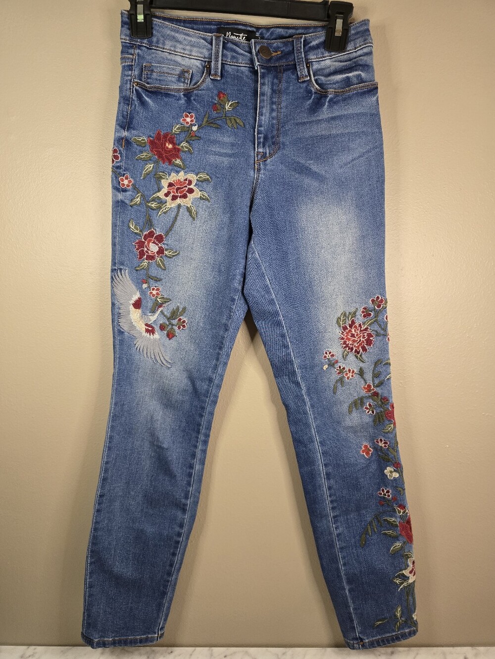 Nanette Lepore HW Astor Skinny Jeans Embroidered Floral Bird Crane Size 2 - Picture 1 of 11